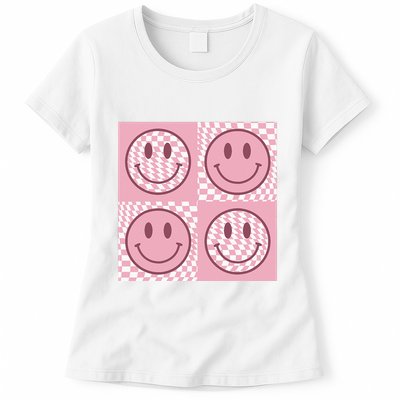 Funny Face Checkered Pattern Smile Face Meme Trendy Womens T-Shirt