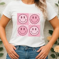 Funny Face Checkered Pattern Smile Face Meme Trendy Womens T-Shirt