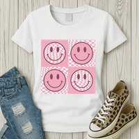 Funny Face Checkered Pattern Smile Face Meme Trendy Womens T-Shirt
