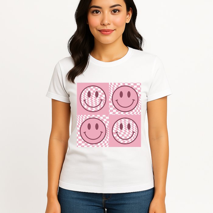 Funny Face Checkered Pattern Smile Face Meme Trendy Womens T-Shirt