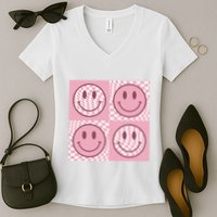 Funny Face Checkered Pattern Smile Face Meme Trendy Women's V-Neck T-Shirt