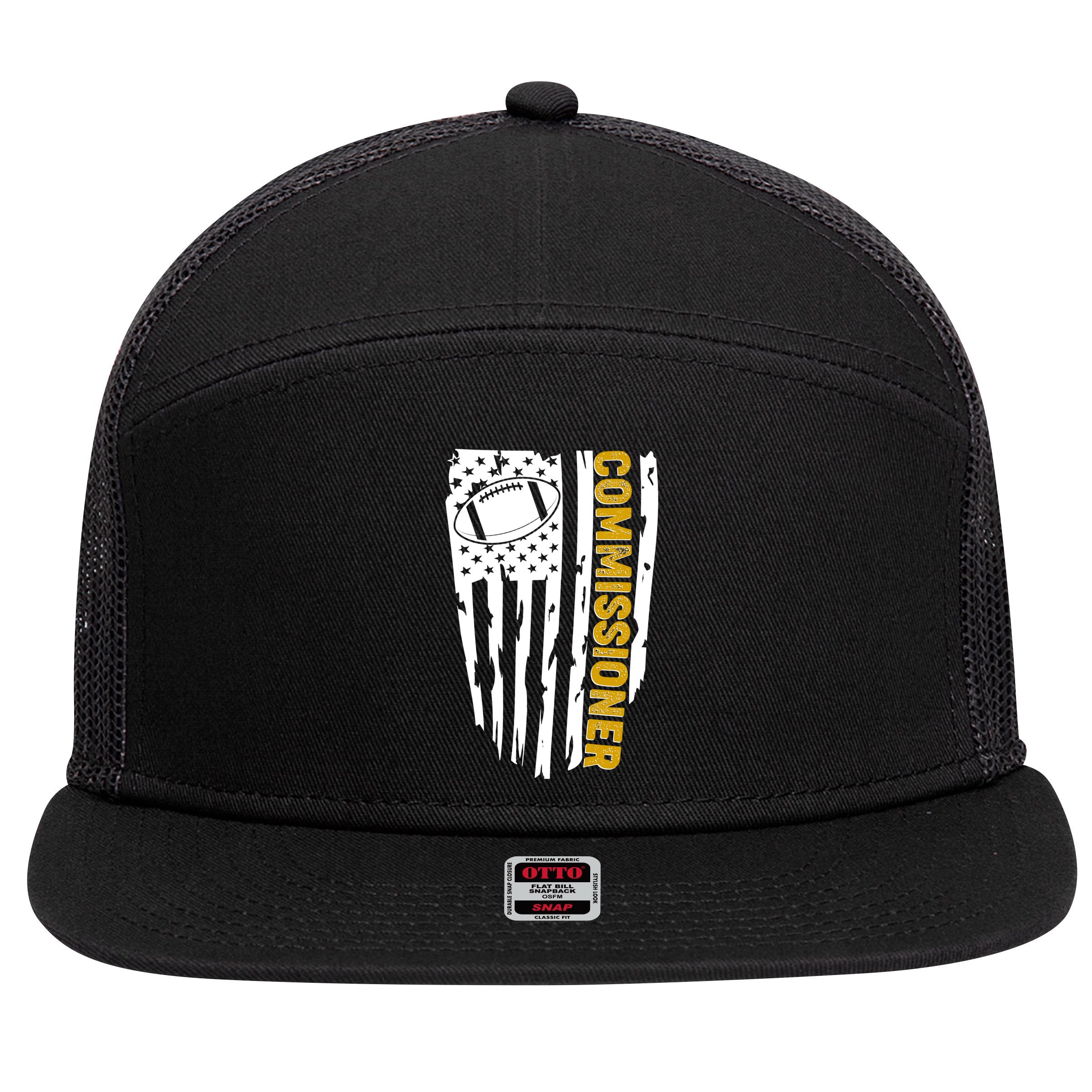 Fantasy Football Commissioner Distressed USA American Flag 7 Panel Mesh Trucker Snapback Hat
