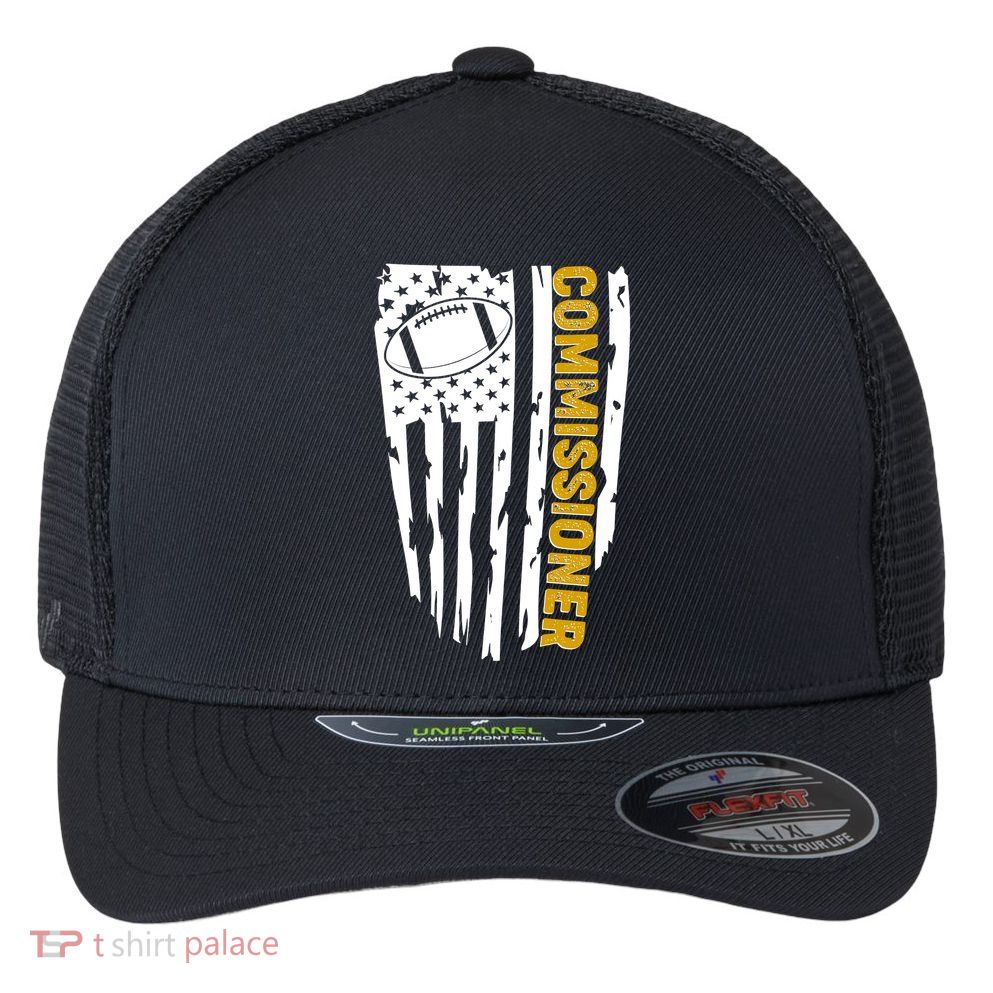Fantasy Football Commissioner Distressed USA American Flag Flexfit Unipanel Trucker Cap