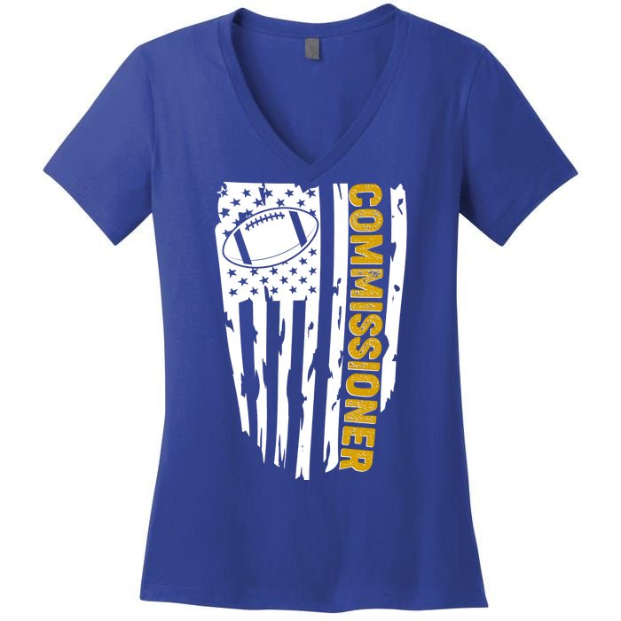 Fantasy Football Commissioner Distressed USA American Flag Women's V-Neck T-Shirt