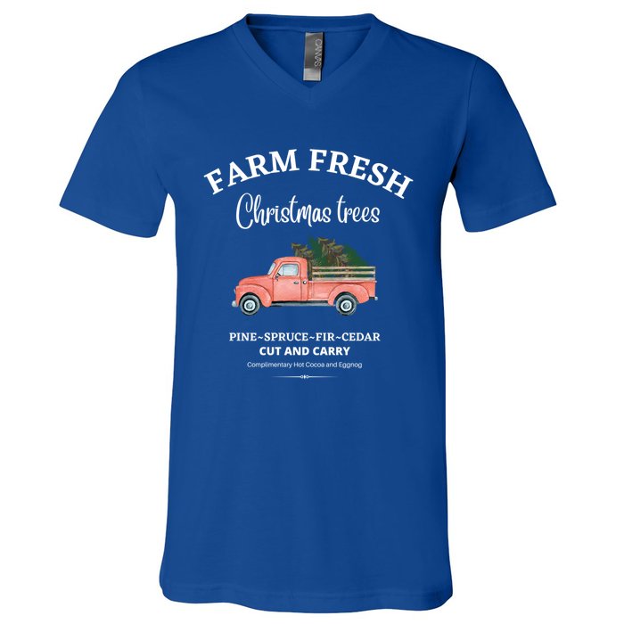 Farm Fresh Christmas Trees Old Red Truck Xmas Trees Sign Funny Gift V-Neck T-Shirt