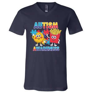 Funny Food Chicken Nugget And French Fries Autism Awarenes V-Neck T-Shirt