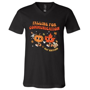 Falling For Communication Slp Edition Fall Thanksgiving V-Neck T-Shirt