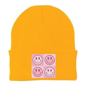 Funny Face Checkered Pattern Smile Face Meme Trendy Knit Cap Winter Beanie