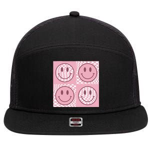 Funny Face Checkered Pattern Smile Face Meme Trendy 7 Panel Mesh Trucker Snapback Hat