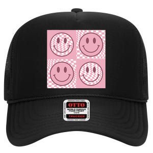 Funny Face Checkered Pattern Smile Face Meme Trendy High Crown Mesh Back Trucker Hat