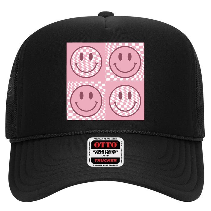 Funny Face Checkered Pattern Smile Face Meme Trendy High Crown Mesh Back Trucker Hat