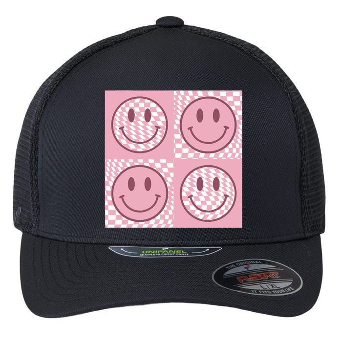 Funny Face Checkered Pattern Smile Face Meme Trendy Flexfit Unipanel Trucker Cap