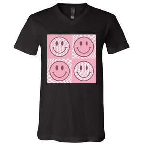 Funny Face Checkered Pattern Smile Face Meme Trendy V-Neck T-Shirt