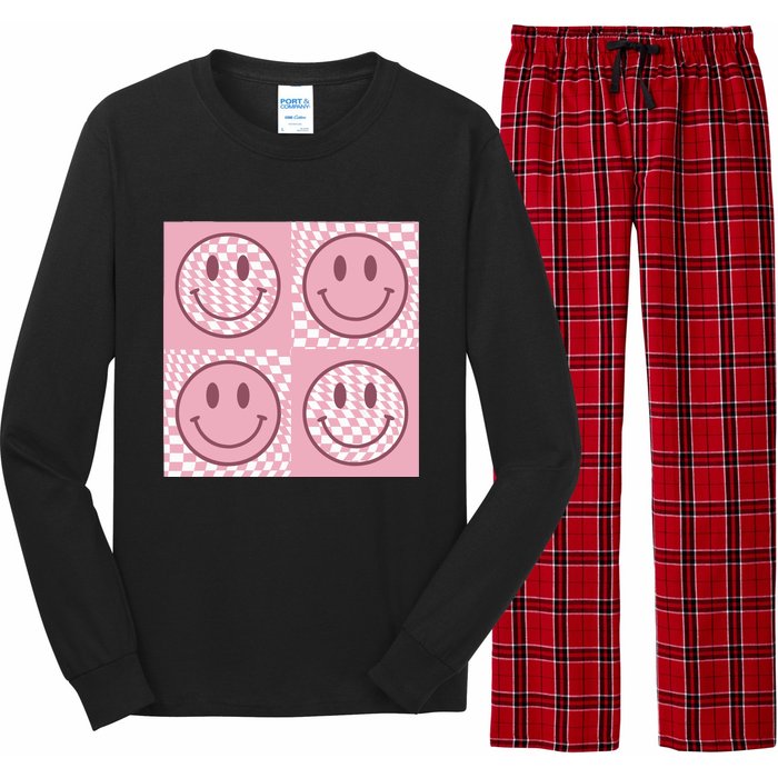 Funny Face Checkered Pattern Smile Face Meme Trendy Long Sleeve Pajama Set