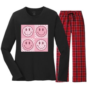 Funny Face Checkered Pattern Smile Face Meme Trendy Women's Long Sleeve Flannel Pajama Set 