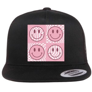 Funny Face Checkered Pattern Smile Face Meme Trendy Flat Bill Trucker Hat