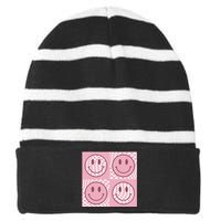 Funny Face Checkered Pattern Smile Face Meme Trendy Striped Beanie with Solid Band