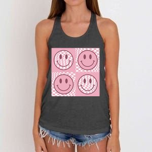 Funny Face Checkered Pattern Smile Face Meme Trendy Women's Knotted Racerback Tank