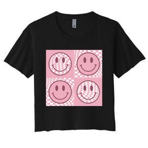 Funny Face Checkered Pattern Smile Face Meme Trendy Women's Crop Top Tee