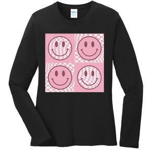 Funny Face Checkered Pattern Smile Face Meme Trendy Ladies Long Sleeve Shirt