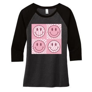 Funny Face Checkered Pattern Smile Face Meme Trendy Women's Tri-Blend 3/4-Sleeve Raglan Shirt