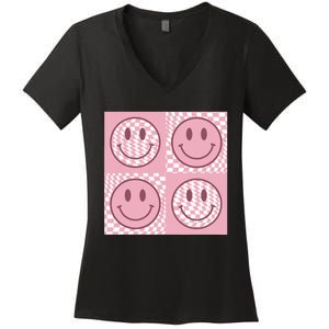 Funny Face Checkered Pattern Smile Face Meme Trendy Women's V-Neck T-Shirt