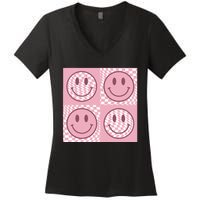 Funny Face Checkered Pattern Smile Face Meme Trendy Women's V-Neck T-Shirt