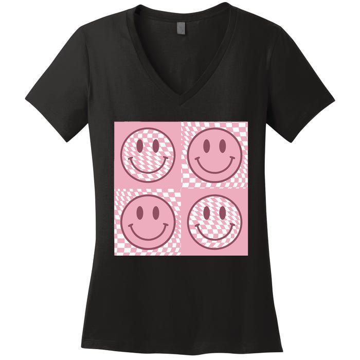 Funny Face Checkered Pattern Smile Face Meme Trendy Women's V-Neck T-Shirt