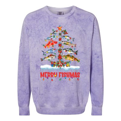 Fish Fishing Christmas Tree Lights Merry Fishmas Fishermen Colorblast Crewneck Sweatshirt