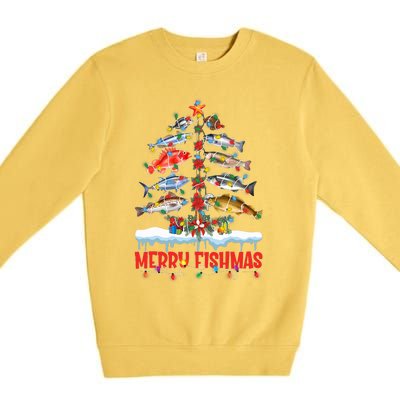 Fish Fishing Christmas Tree Lights Merry Fishmas Fishermen Premium Crewneck Sweatshirt