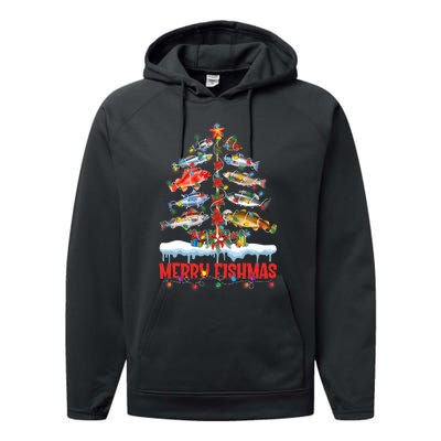 Fish Fishing Christmas Tree Lights Merry Fishmas Fishermen Performance Fleece Hoodie