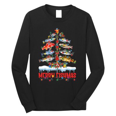 Fish Fishing Christmas Tree Lights Merry Fishmas Fishermen Long Sleeve Shirt