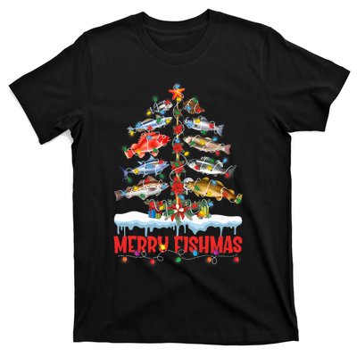 Fish Fishing Christmas Tree Lights Merry Fishmas Fishermen T-Shirt