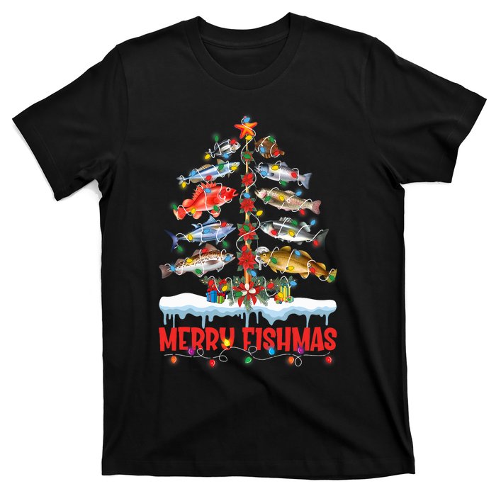 Fish Fishing Christmas Tree Lights Merry Fishmas Fishermen T-Shirt