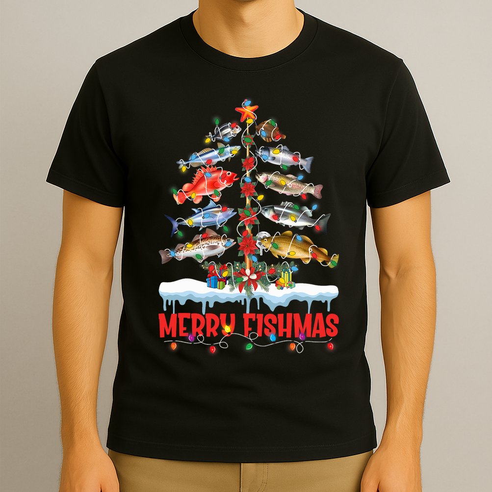 Fish Fishing Christmas Tree Lights Merry Fishmas Fishermen T-Shirt