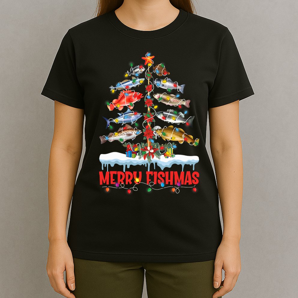Fish Fishing Christmas Tree Lights Merry Fishmas Fishermen T-Shirt