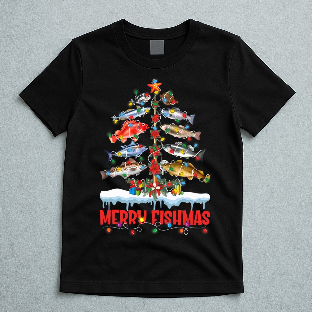 Fish Fishing Christmas Tree Lights Merry Fishmas Fishermen T-Shirt