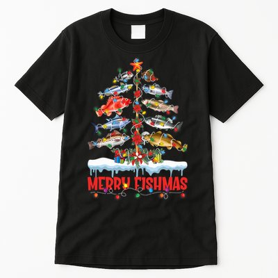 Fish Fishing Christmas Tree Lights Merry Fishmas Fishermen Tall T-Shirt