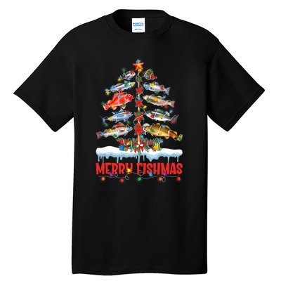 Fish Fishing Christmas Tree Lights Merry Fishmas Fishermen Tall T-Shirt