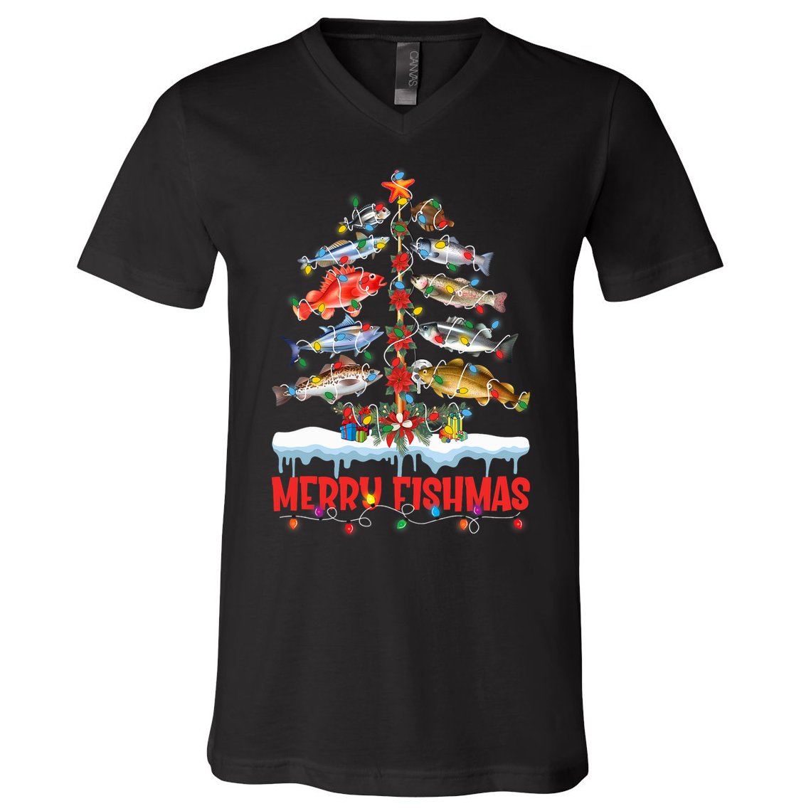 Fish Fishing Christmas Tree Lights Merry Fishmas Fishermen V-Neck T-Shirt