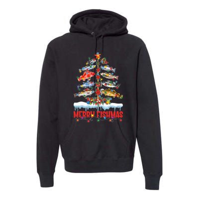 Fish Fishing Christmas Tree Lights Merry Fishmas Fishermen Premium Hoodie