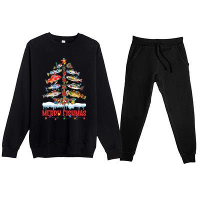 Fish Fishing Christmas Tree Lights Merry Fishmas Fishermen Premium Crewneck Sweatsuit Set