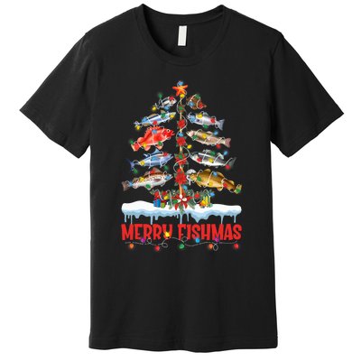 Fish Fishing Christmas Tree Lights Merry Fishmas Fishermen Premium T-Shirt