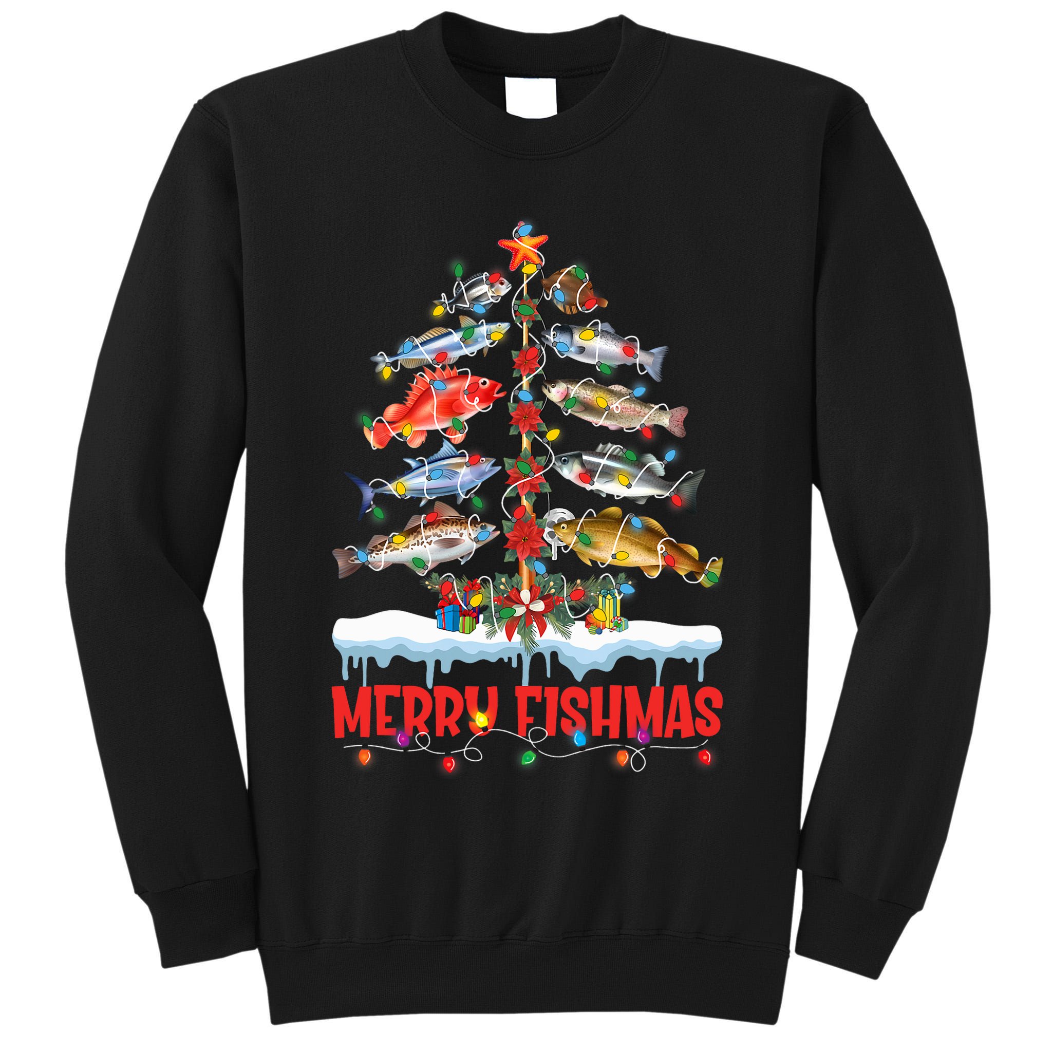 Fish Fishing Christmas Tree Lights Merry Fishmas Fishermen Tall Sweatshirt