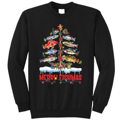 Fish Fishing Christmas Tree Lights Merry Fishmas Fishermen Tall Sweatshirt