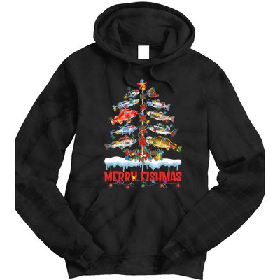 Fish Fishing Christmas Tree Lights Merry Fishmas Fishermen Tie Dye Hoodie