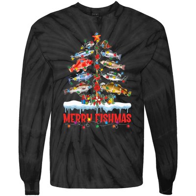 Fish Fishing Christmas Tree Lights Merry Fishmas Fishermen Tie-Dye Long Sleeve Shirt