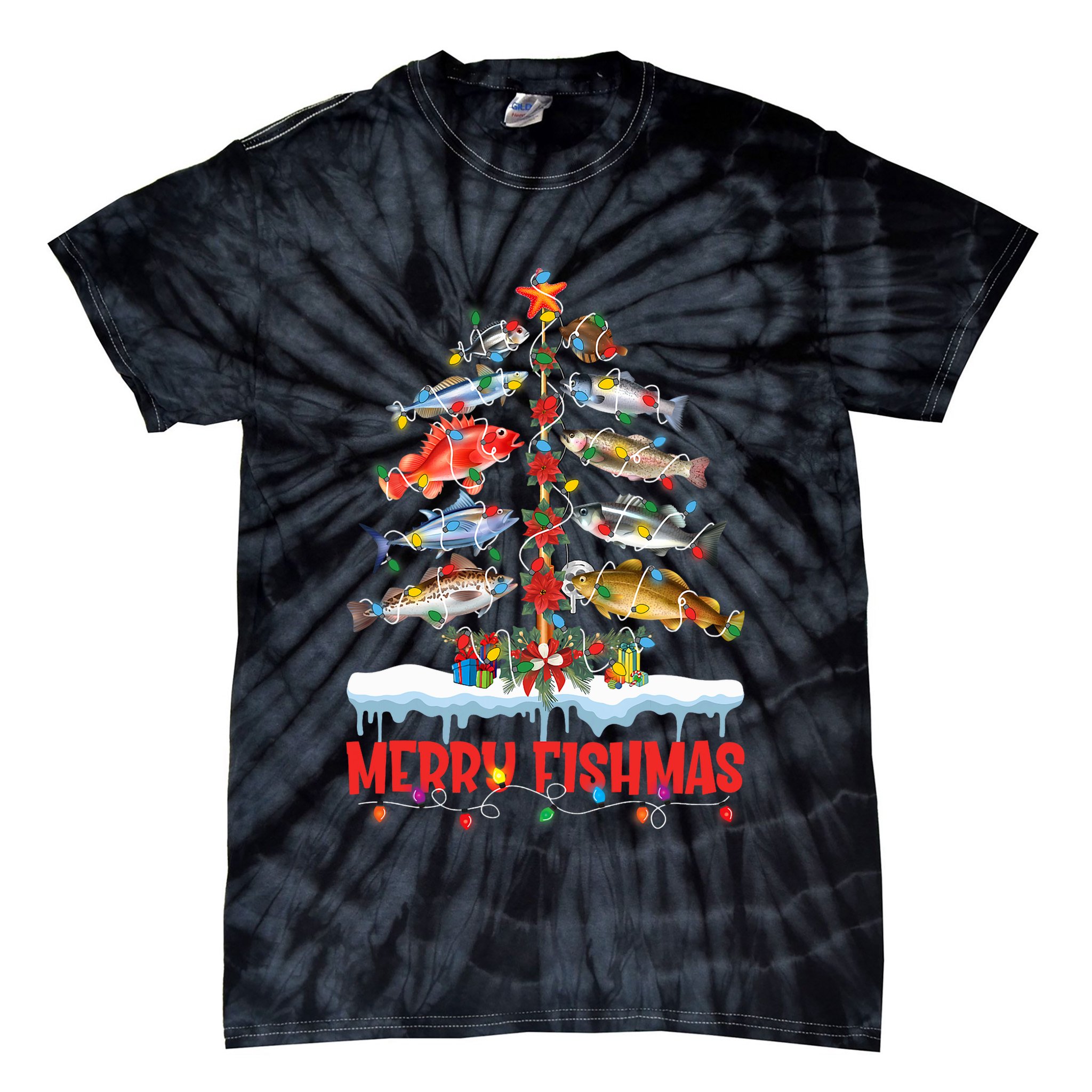 Fish Fishing Christmas Tree Lights Merry Fishmas Fishermen Tie-Dye T-Shirt