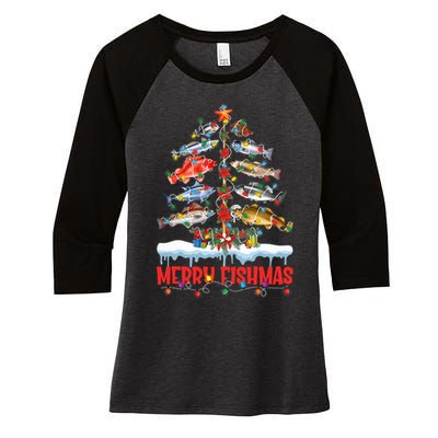 Fish Fishing Christmas Tree Lights Merry Fishmas Fishermen Women's Tri-Blend 3/4-Sleeve Raglan Shirt