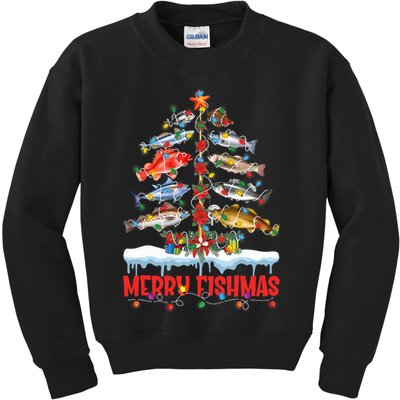 Fish Fishing Christmas Tree Lights Merry Fishmas Fishermen Kids Sweatshirt